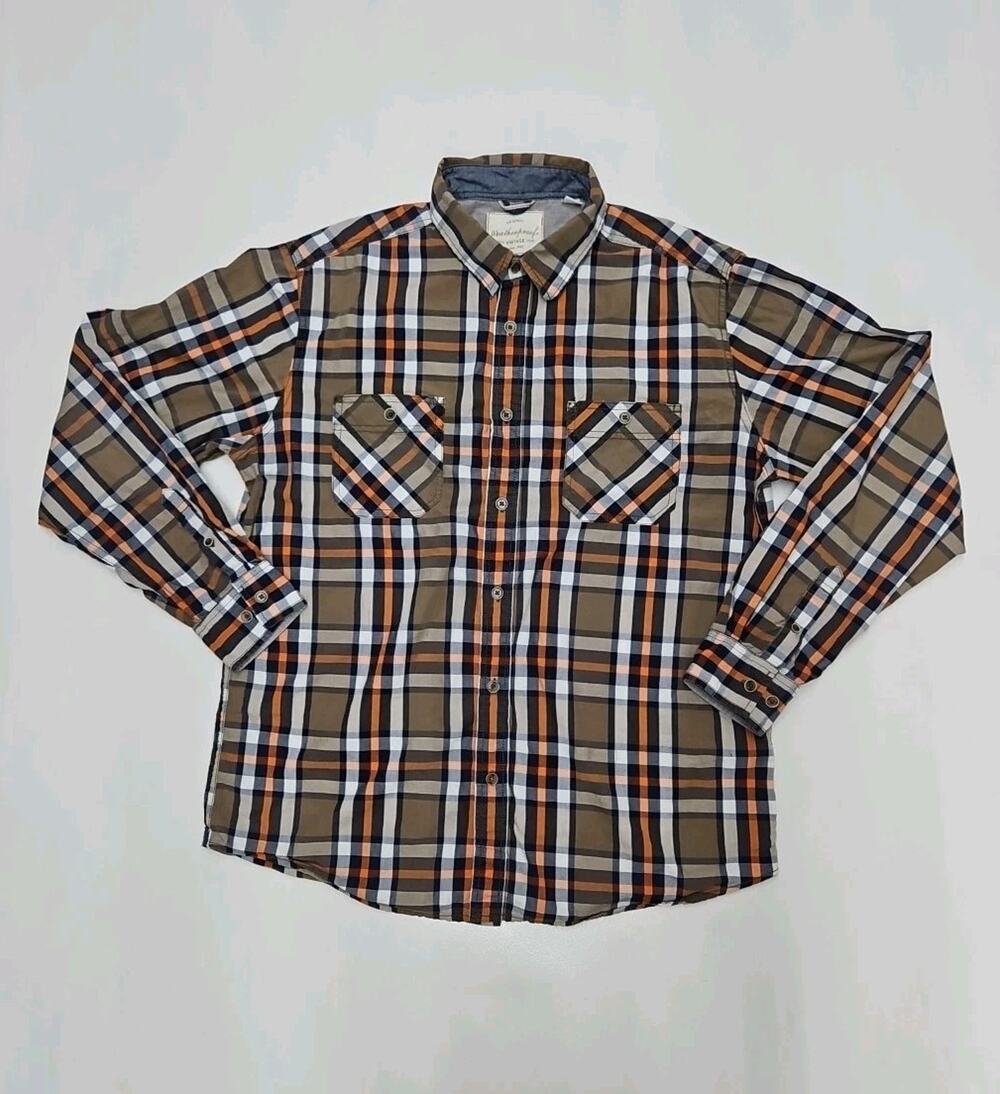 Weatherproof Vintage Shirt Men's L/G Plaid Gray Brown Blue Orange Long Sleeve.